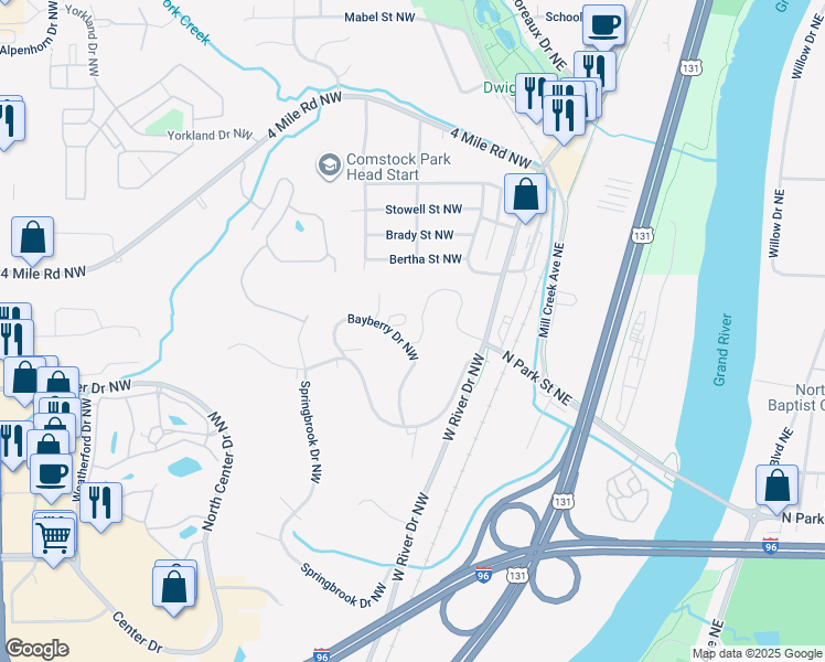 map of restaurants, bars, coffee shops, grocery stores, and more near 3502 Bayberry Drive Northwest in Grand Rapids