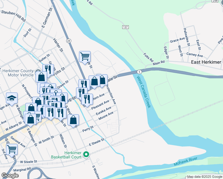 map of restaurants, bars, coffee shops, grocery stores, and more near 105 Protection Avenue in Herkimer