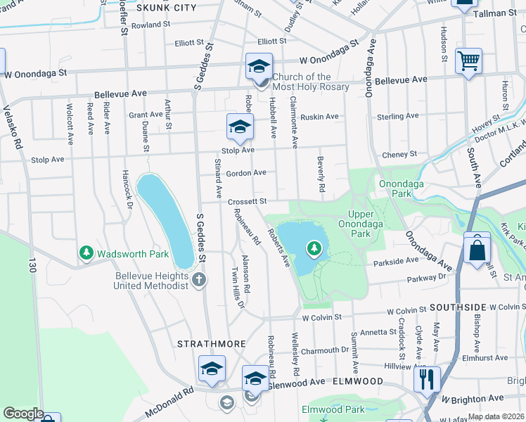 map of restaurants, bars, coffee shops, grocery stores, and more near 511 Roberts Avenue in Syracuse