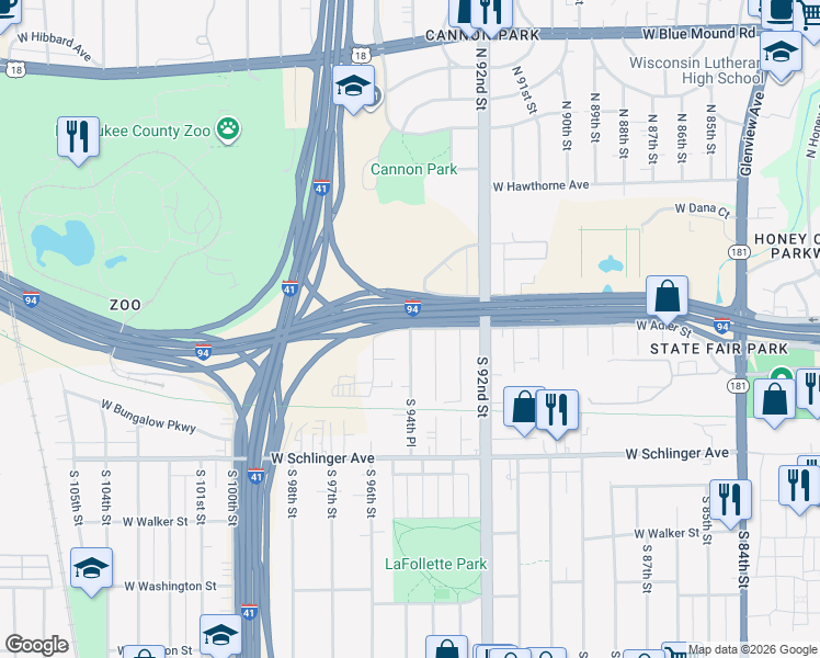 map of restaurants, bars, coffee shops, grocery stores, and more near West Adler Street & South 94th Place in Milwaukee