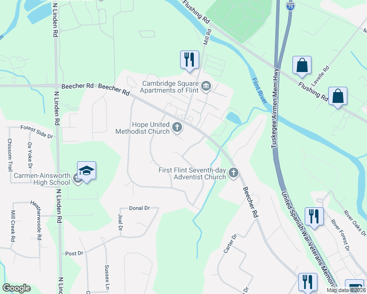 map of restaurants, bars, coffee shops, grocery stores, and more near 1421 Heathercrest Drive in Flint
