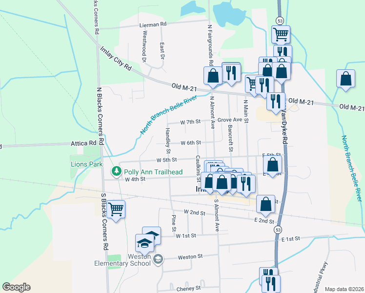 map of restaurants, bars, coffee shops, grocery stores, and more near 245 West 6th Street in Imlay City