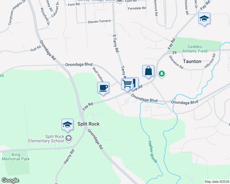 map of restaurants, bars, coffee shops, grocery stores, and more near 4249 Fay Road in Syracuse