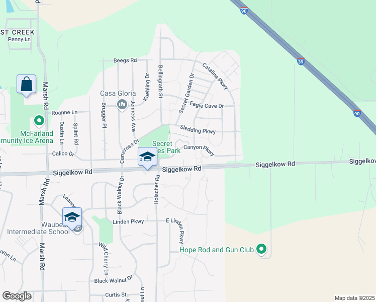 map of restaurants, bars, coffee shops, grocery stores, and more near 6051 Canyon Parkway in McFarland