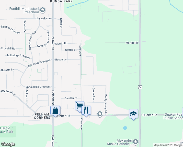 map of restaurants, bars, coffee shops, grocery stores, and more near 45 Timber Creek Crescent in Pelham