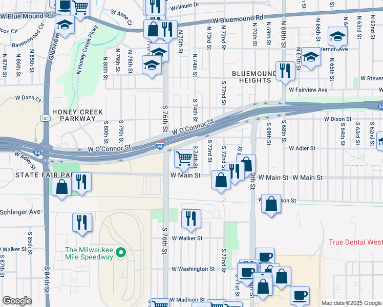 map of restaurants, bars, coffee shops, grocery stores, and more near 445 S 74th St in Milwaukee
