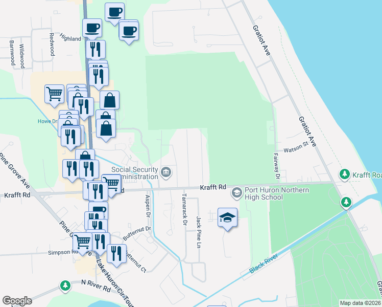map of restaurants, bars, coffee shops, grocery stores, and more near 4070 Velma Drive in Fort Gratiot Township