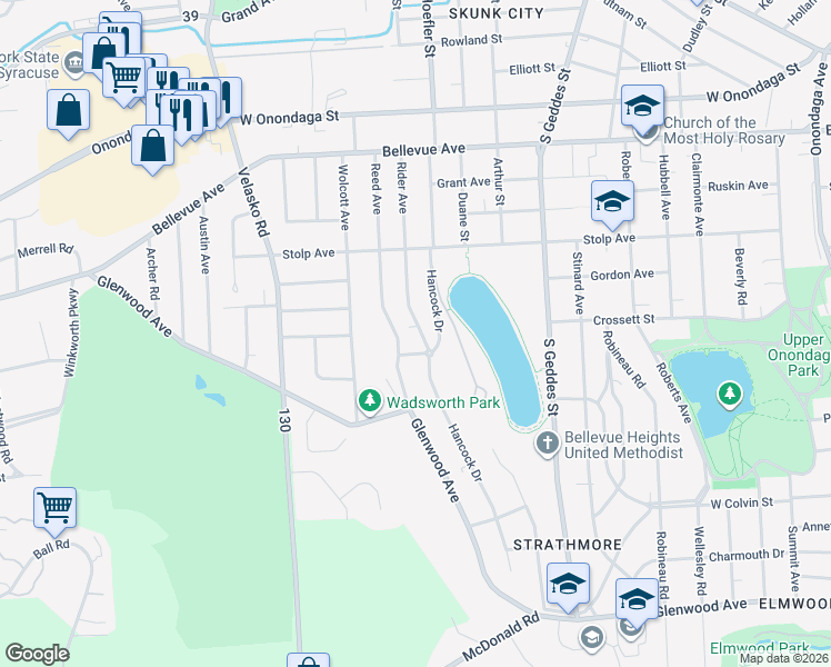 map of restaurants, bars, coffee shops, grocery stores, and more near 275 Reed Avenue in Syracuse