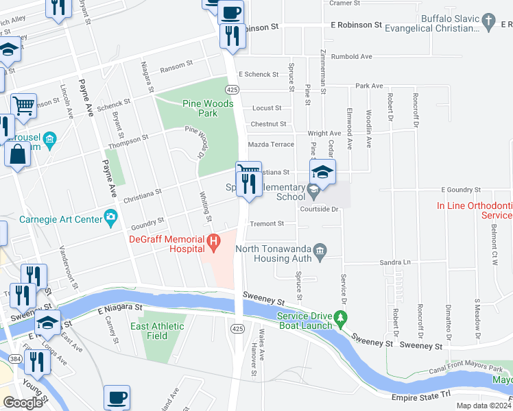 map of restaurants, bars, coffee shops, grocery stores, and more near 139 Division Street in North Tonawanda