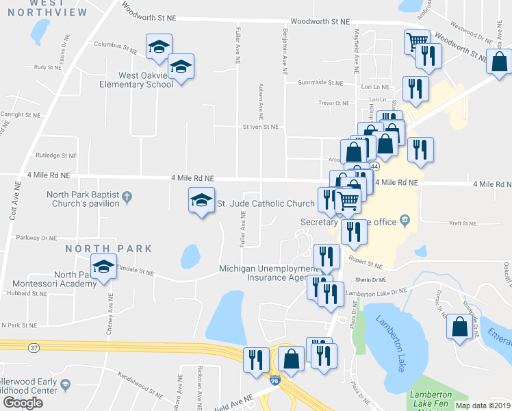 map of restaurants, bars, coffee shops, grocery stores, and more near 3551 Auburn Avenue Northeast in Grand Rapids