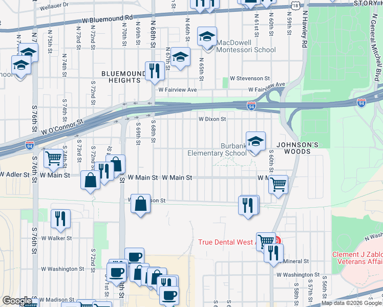 map of restaurants, bars, coffee shops, grocery stores, and more near 6521 West Adler Street in Milwaukee