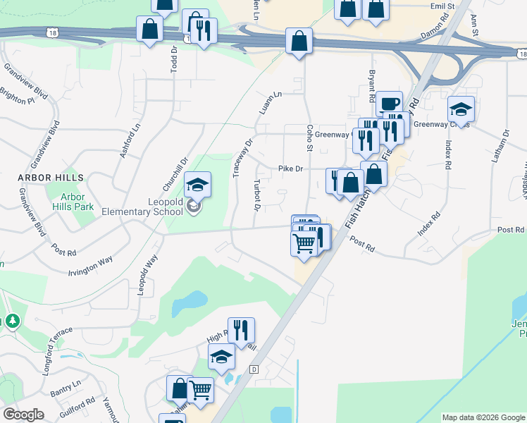 map of restaurants, bars, coffee shops, grocery stores, and more near 2960 Turbot Drive in Madison