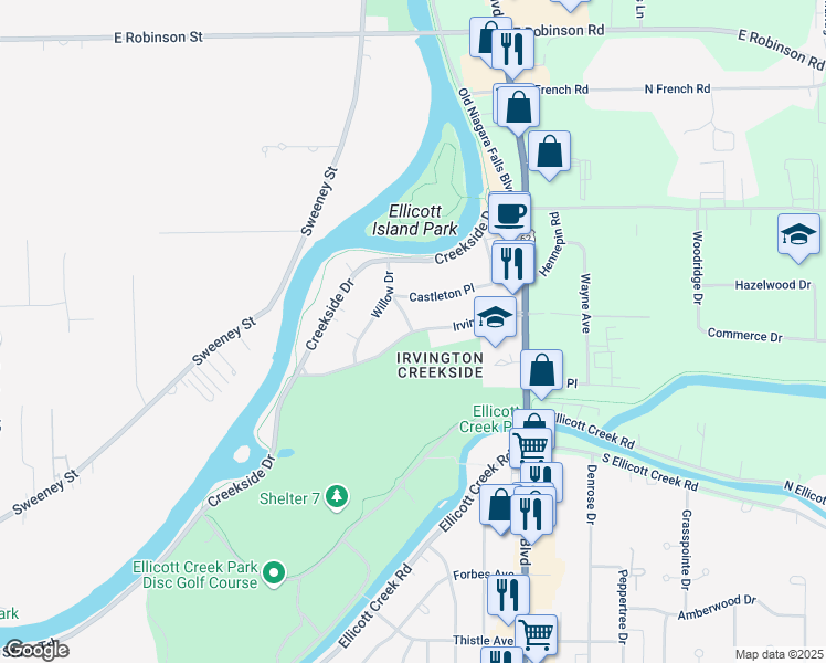 map of restaurants, bars, coffee shops, grocery stores, and more near Irvington Drive in Erie County