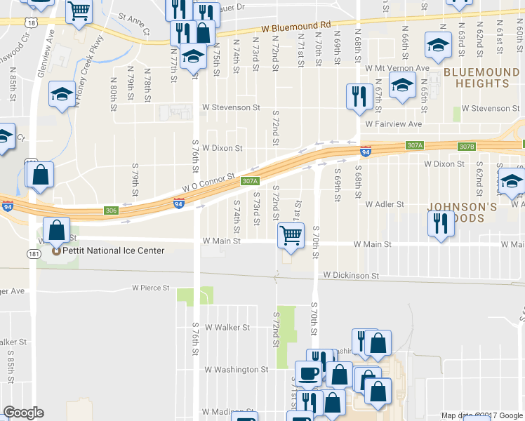 map of restaurants, bars, coffee shops, grocery stores, and more near 442 South 73rd Street in Milwaukee