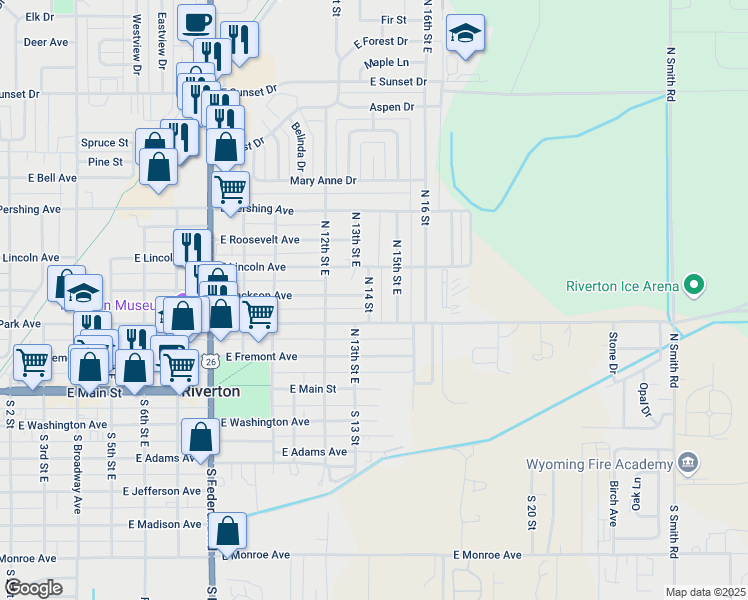 map of restaurants, bars, coffee shops, grocery stores, and more near 313 North 14 Street in Riverton