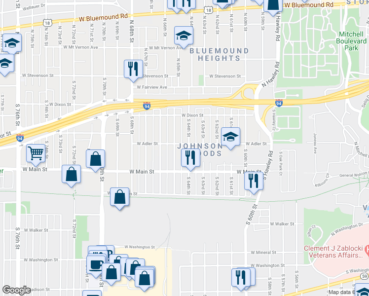 map of restaurants, bars, coffee shops, grocery stores, and more near 409 South 64th Street in Milwaukee