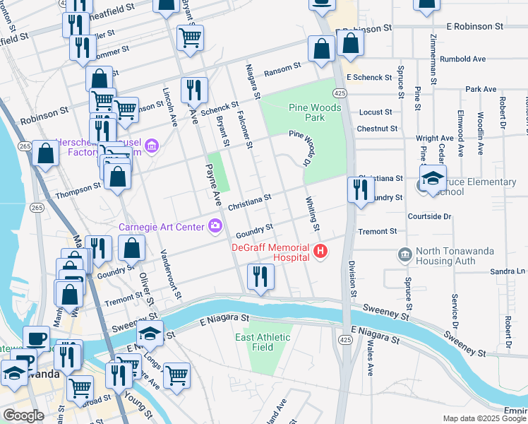 map of restaurants, bars, coffee shops, grocery stores, and more near 156 Falconer Street in North Tonawanda
