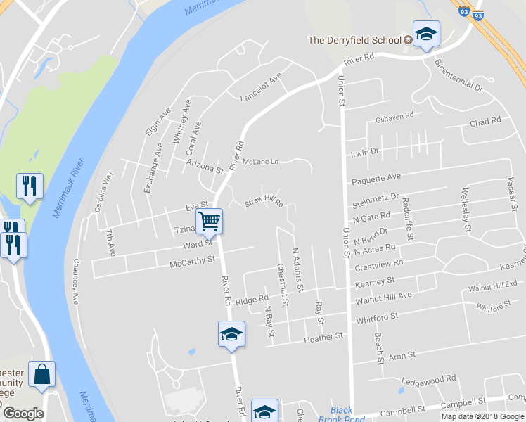 map of restaurants, bars, coffee shops, grocery stores, and more near 552 Straw Hill Road in Manchester