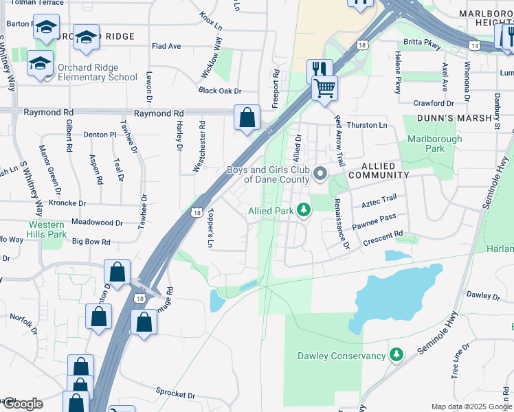 map of restaurants, bars, coffee shops, grocery stores, and more near 2329 Chalet Gardens Road in Fitchburg