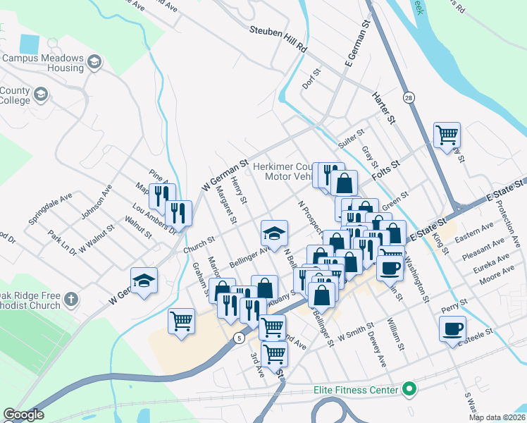 map of restaurants, bars, coffee shops, grocery stores, and more near 401 North Bellinger Street in Herkimer