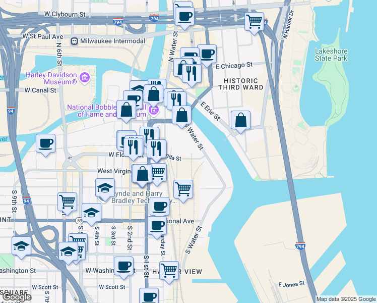 map of restaurants, bars, coffee shops, grocery stores, and more near 322 East Florida Street in Milwaukee