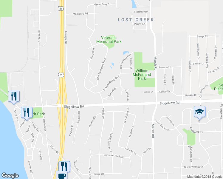 map of restaurants, bars, coffee shops, grocery stores, and more near 5138 Unity Way in Madison