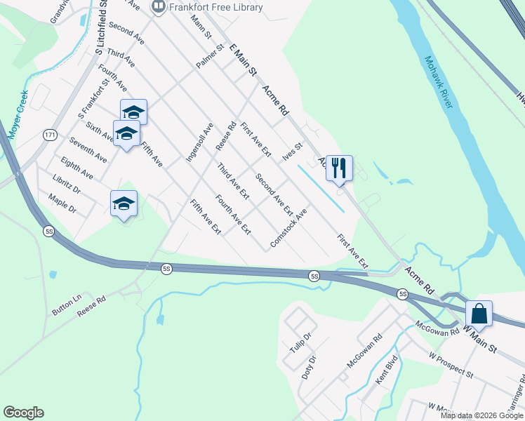 map of restaurants, bars, coffee shops, grocery stores, and more near 505 Third Avenue Extension in Frankfort