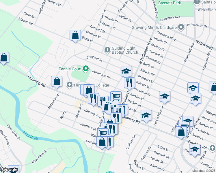 map of restaurants, bars, coffee shops, grocery stores, and more near 3015 Berkley Street in Flint