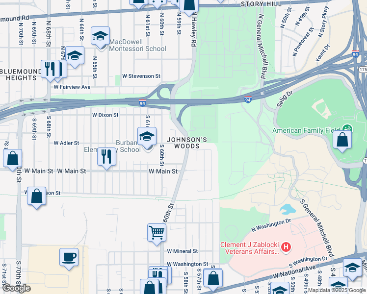 map of restaurants, bars, coffee shops, grocery stores, and more near 409 S Hawley Rd in Milwaukee