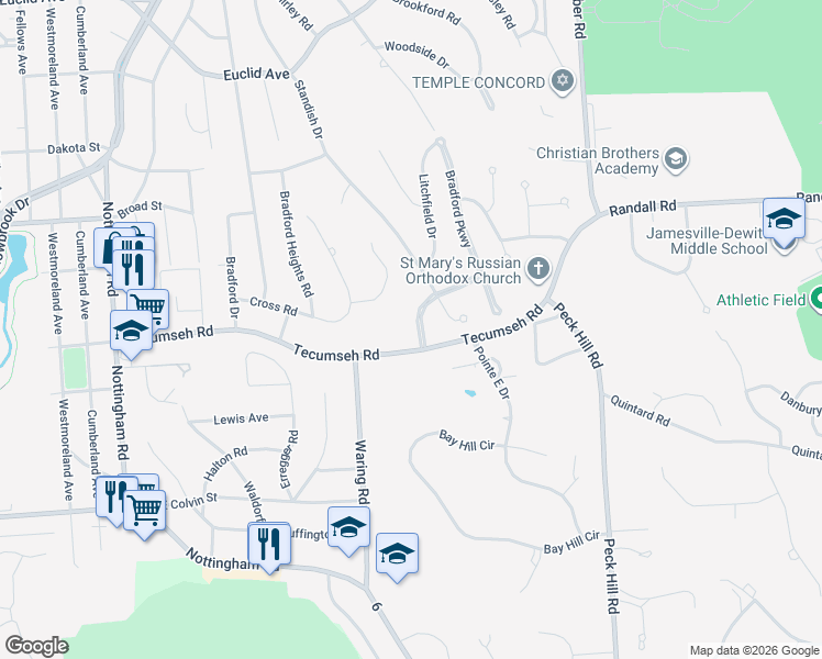 map of restaurants, bars, coffee shops, grocery stores, and more near 103 Old Lyme Road in Syracuse