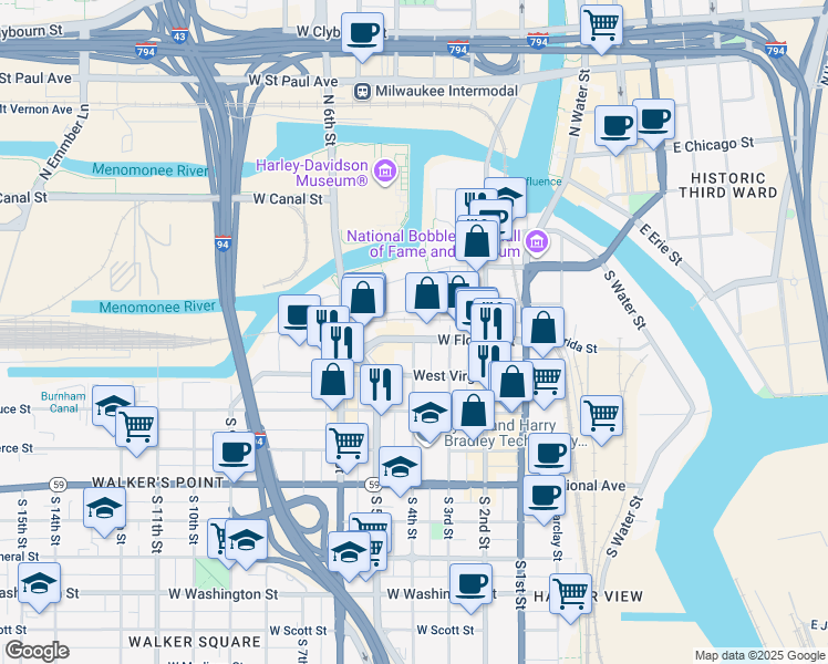 map of restaurants, bars, coffee shops, grocery stores, and more near 408 West Florida Street in Milwaukee