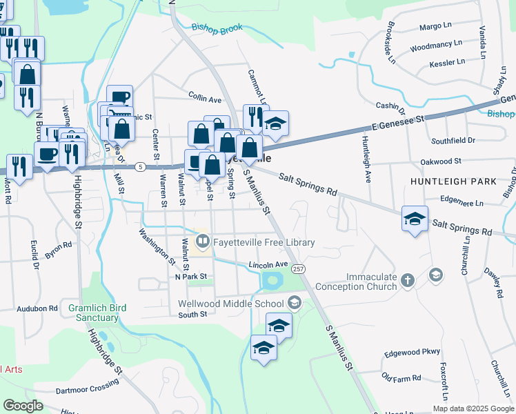 map of restaurants, bars, coffee shops, grocery stores, and more near 308 South Manlius Street in Fayetteville