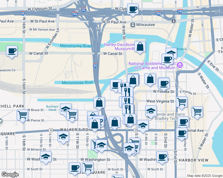 map of restaurants, bars, coffee shops, grocery stores, and more near 622 West Oregon Street in Milwaukee