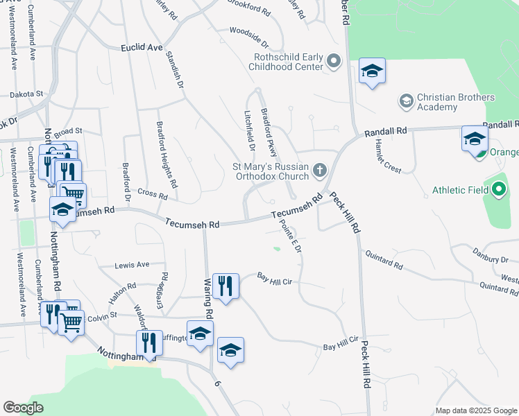 map of restaurants, bars, coffee shops, grocery stores, and more near 708 Standish Drive in Syracuse