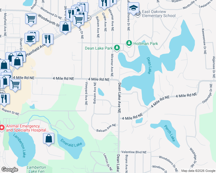 map of restaurants, bars, coffee shops, grocery stores, and more near 2080 4 Mile Road Northeast in Grand Rapids