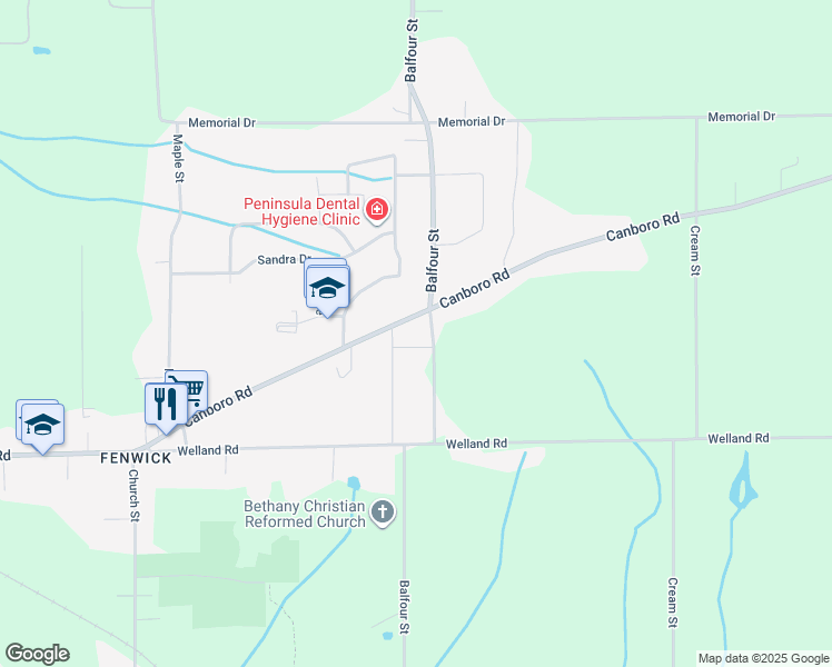 map of restaurants, bars, coffee shops, grocery stores, and more near 704 Canboro Road in Pelham