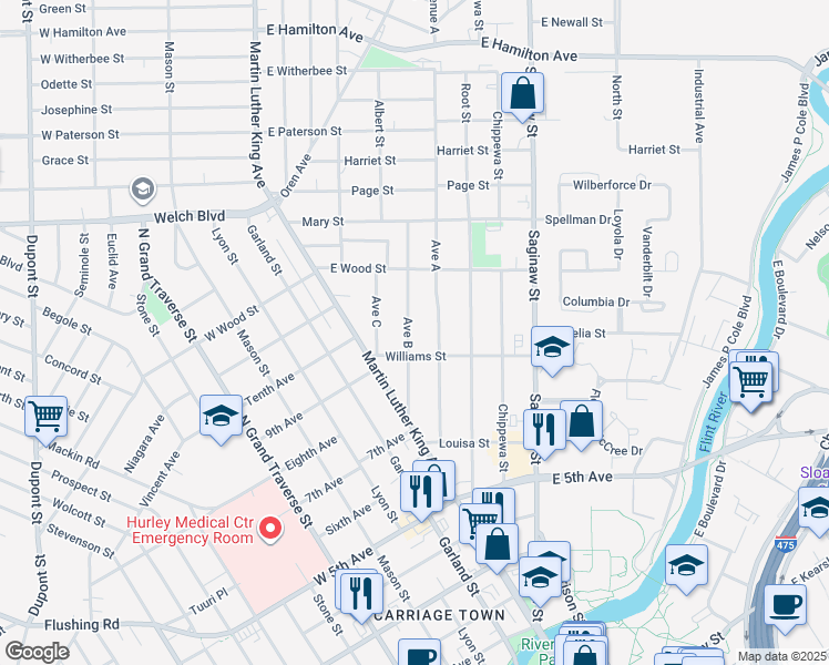 map of restaurants, bars, coffee shops, grocery stores, and more near 1220 Avenue B in Flint