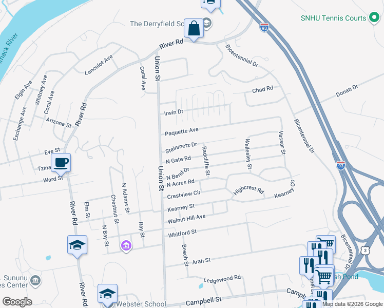 map of restaurants, bars, coffee shops, grocery stores, and more near 104 North Gate Road in Manchester