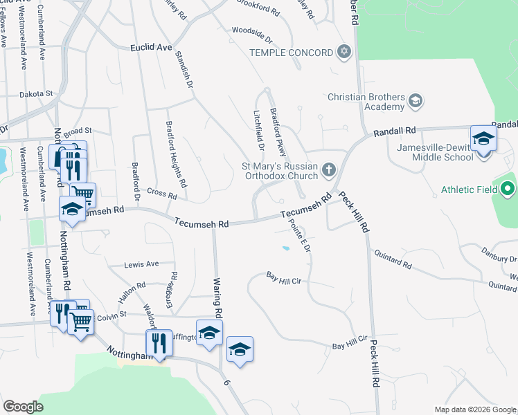 map of restaurants, bars, coffee shops, grocery stores, and more near 103 Old Lyme Road in Syracuse