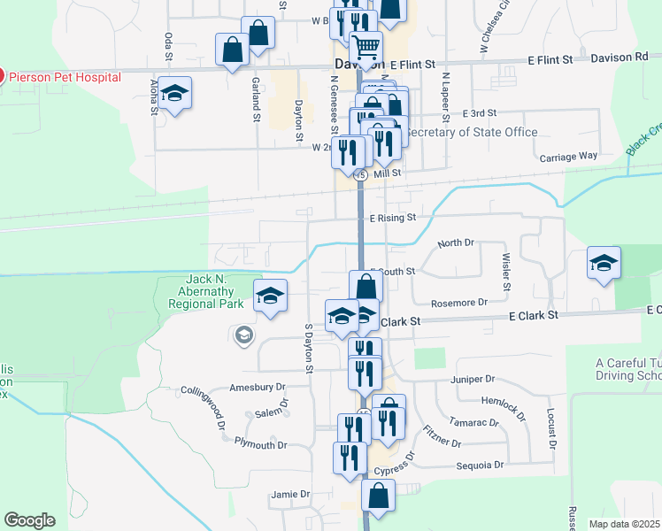 map of restaurants, bars, coffee shops, grocery stores, and more near 215 West South Street in Davison