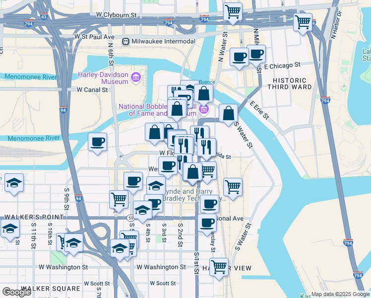 map of restaurants, bars, coffee shops, grocery stores, and more near 324 South 2nd Street in Milwaukee