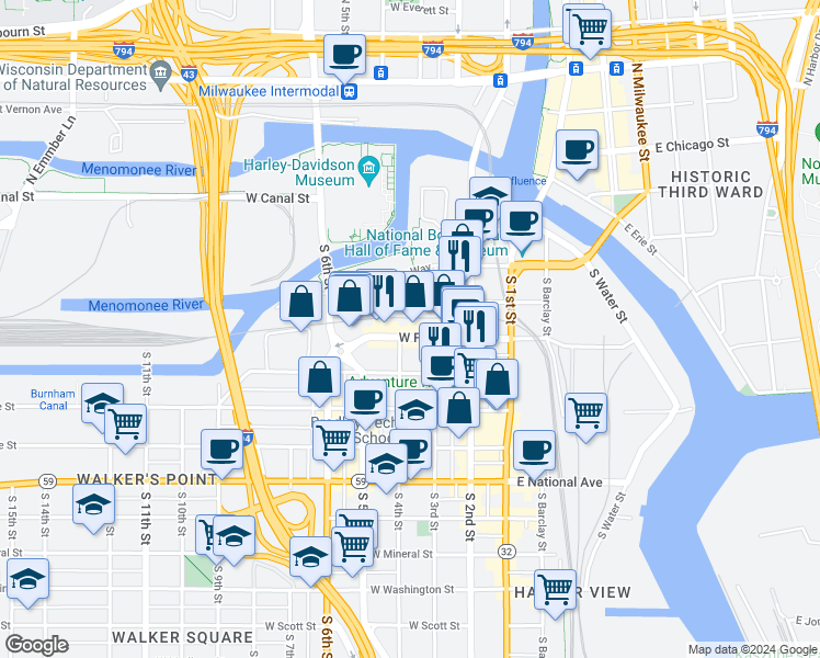 map of restaurants, bars, coffee shops, grocery stores, and more near 332 West Florida Street in Milwaukee
