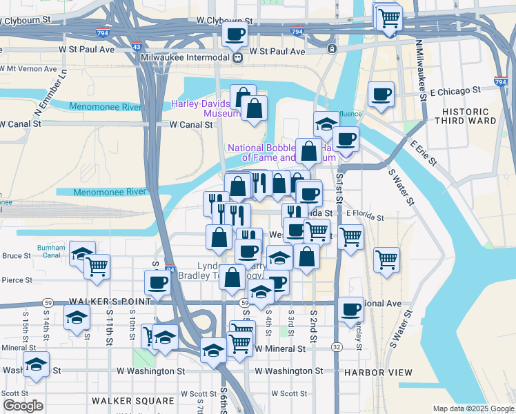 map of restaurants, bars, coffee shops, grocery stores, and more near 408 West Florida Street in Milwaukee