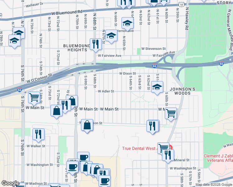 map of restaurants, bars, coffee shops, grocery stores, and more near 6521 West Adler Street in Milwaukee