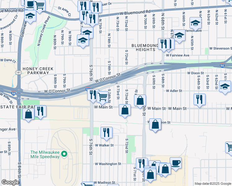 map of restaurants, bars, coffee shops, grocery stores, and more near 442 South 73rd Street in Milwaukee