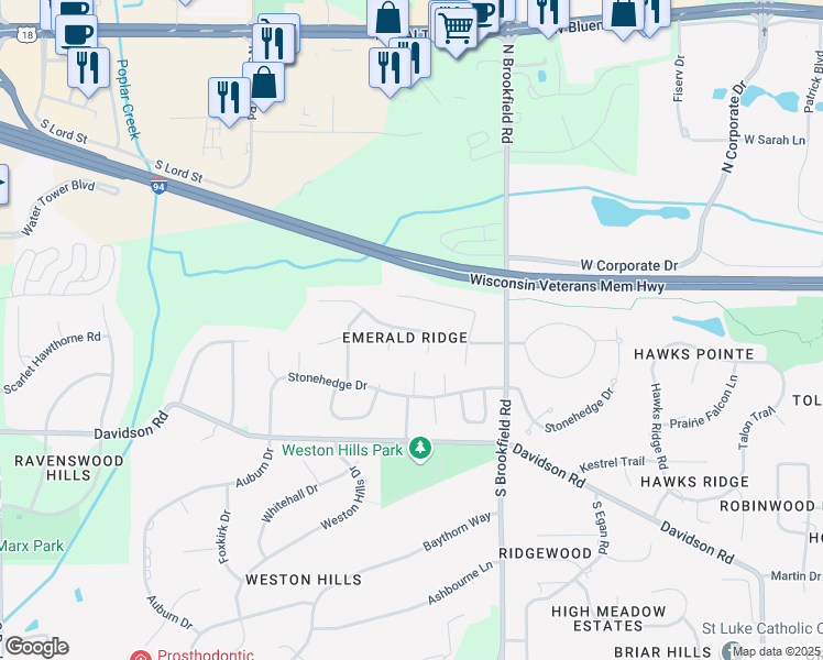 map of restaurants, bars, coffee shops, grocery stores, and more near 19080 Emerald Drive in Brookfield