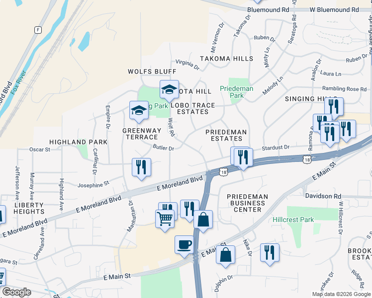 map of restaurants, bars, coffee shops, grocery stores, and more near 1822 Wolf Road in Waukesha