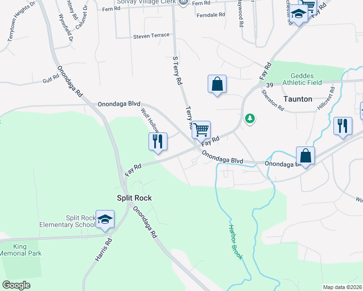map of restaurants, bars, coffee shops, grocery stores, and more near 4249 Fay Road in Syracuse