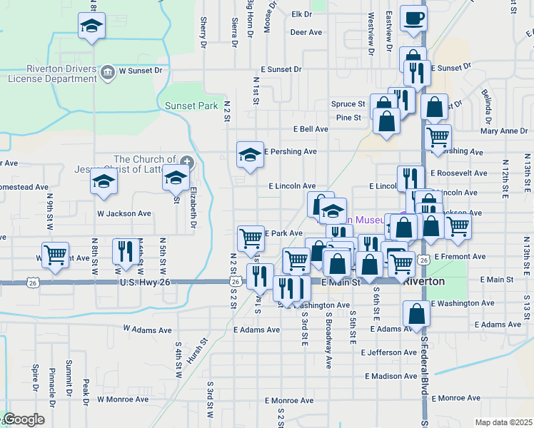 map of restaurants, bars, coffee shops, grocery stores, and more near 109 East Jackson Avenue in Riverton
