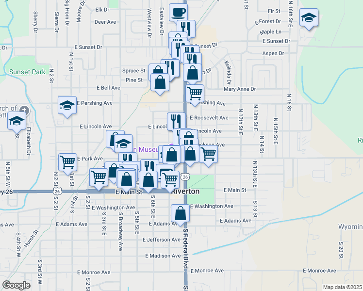 map of restaurants, bars, coffee shops, grocery stores, and more near 302 North Federal Boulevard in Riverton